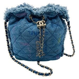 CHANEL 2022 BLUE MULTI QUILTED FRINGED LOGO PRINTED DENIM MOOD CHAIN MINI SHOULD